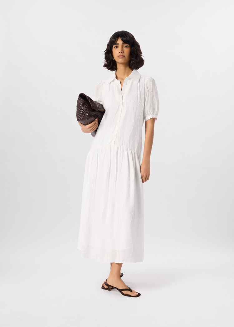 White Textured Drop Waist Midi Dress