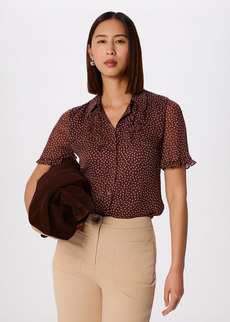 Brown Polka Dot Sheer Sleeve Shirt
