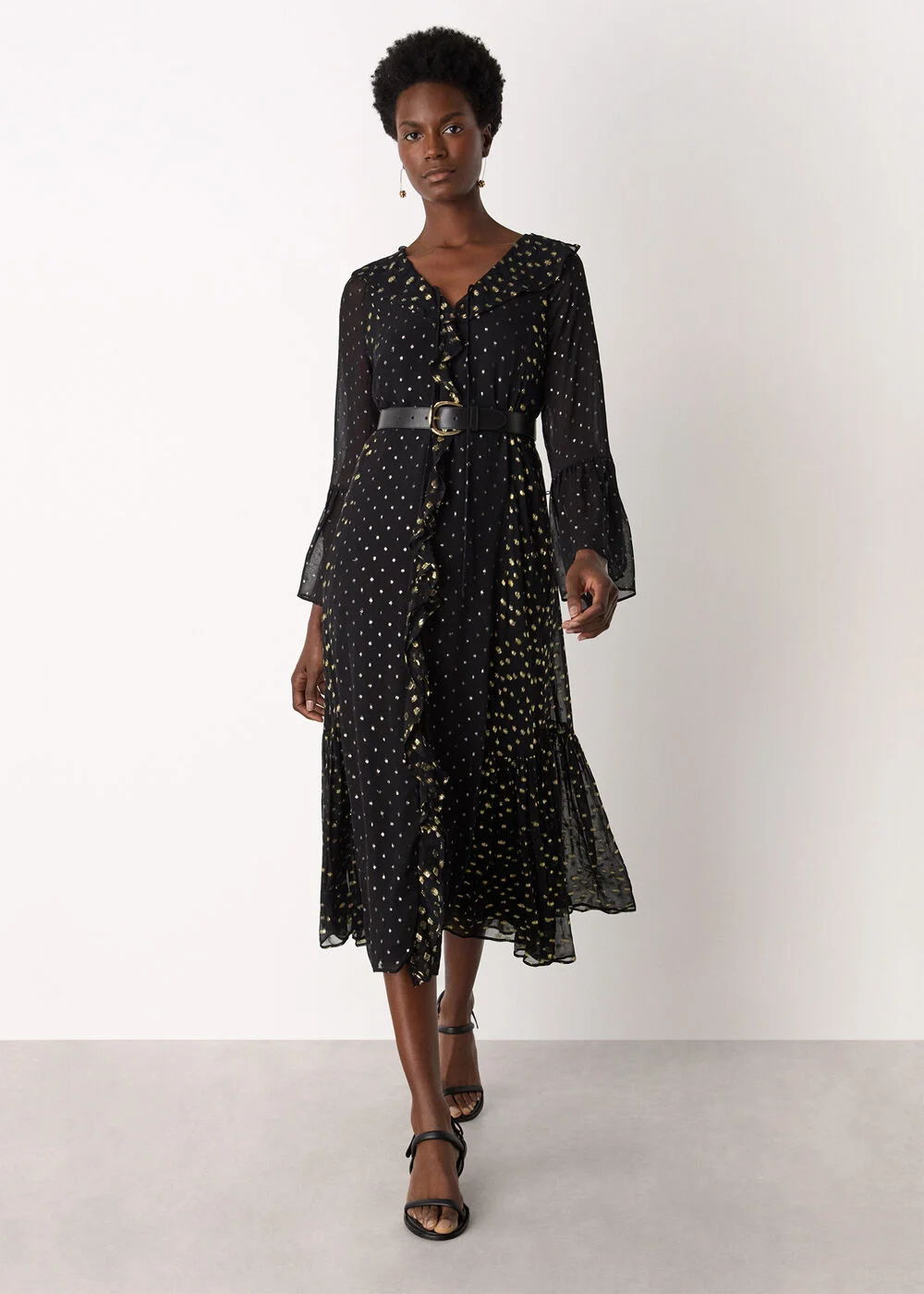 Black Metallic Dobby Ruffle Dress