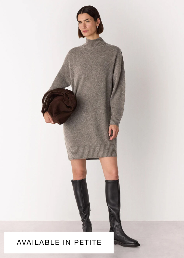 Taupe Funnel Neck Wool Mini Dress