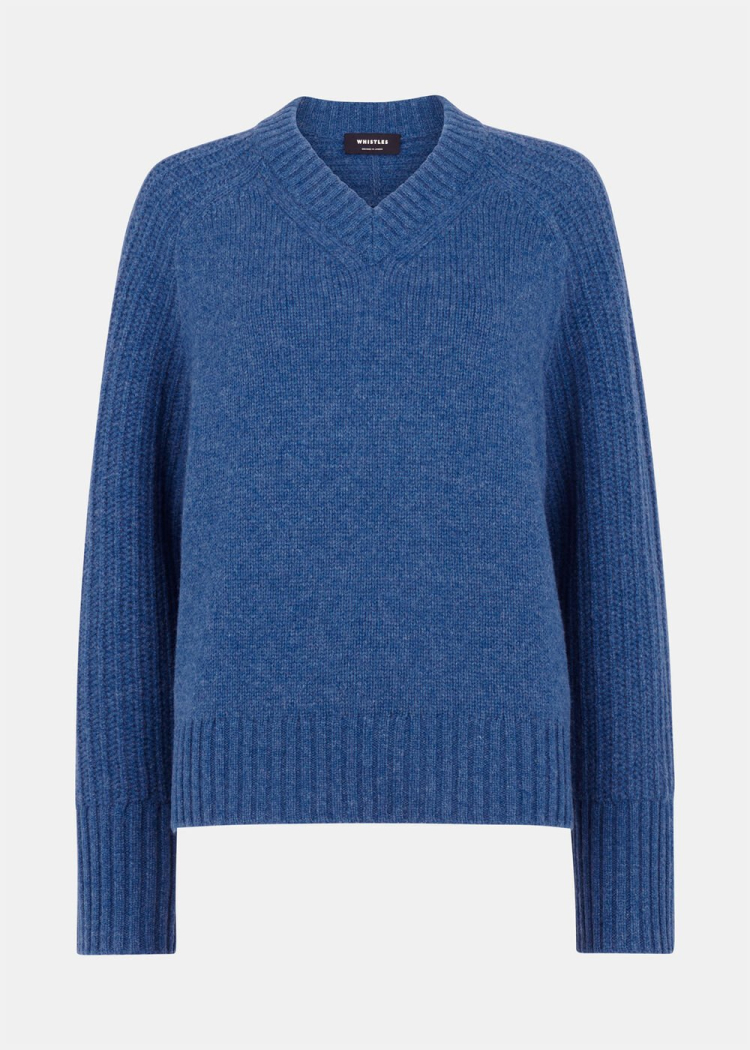 Blue Wool Ribbed Sleeve V Neck Knit