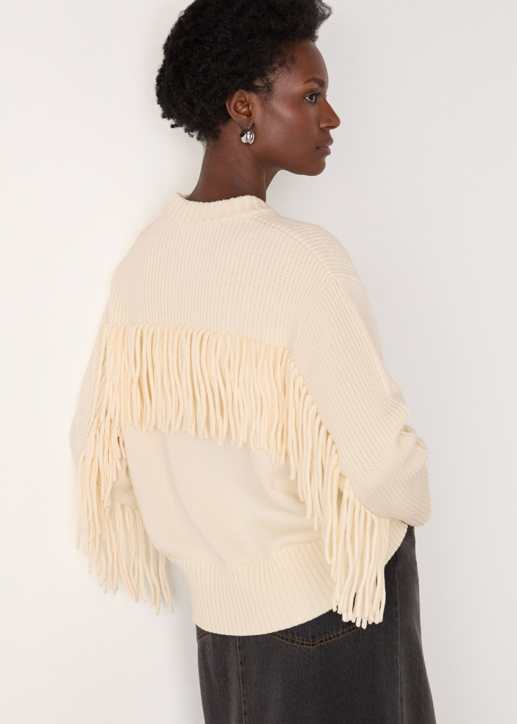 Ivory Fringe Rib Detail Cotton Knit