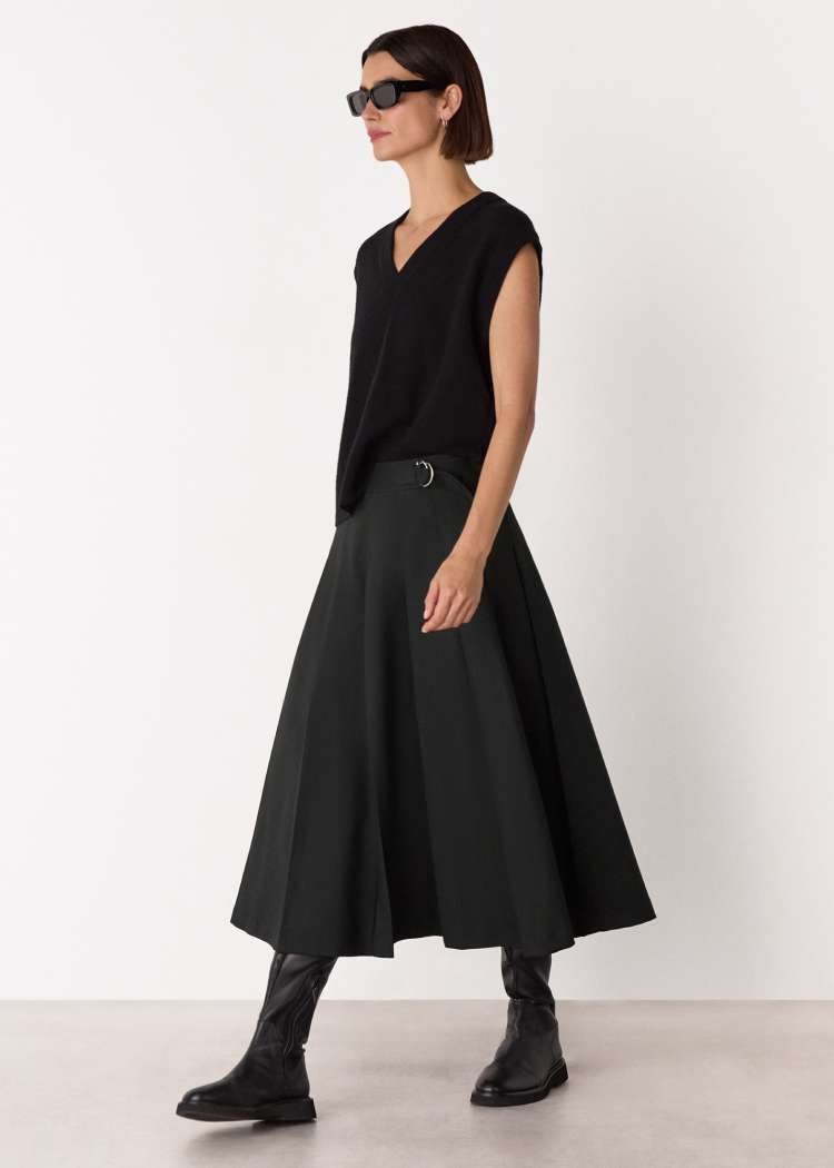 Black Wool Blend Pleated Kilt Skirt