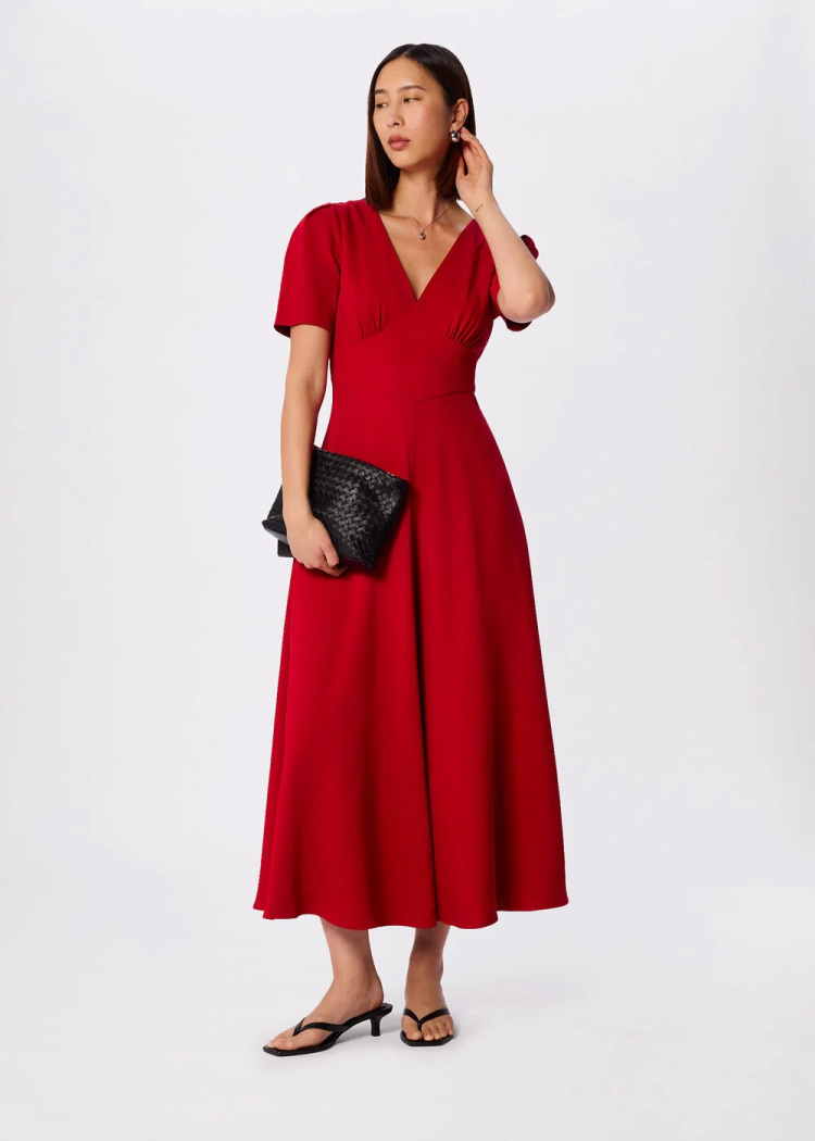 Red Panel Detail V Neck Maxi Dress