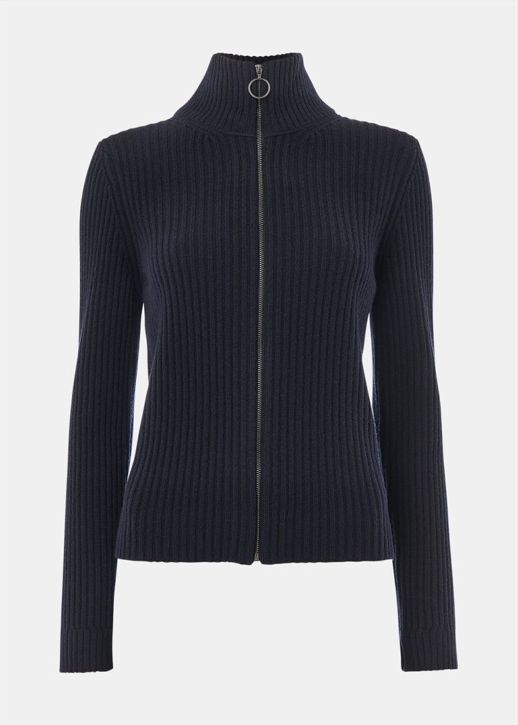 Navy Wool Zip Front Rib Cardigan