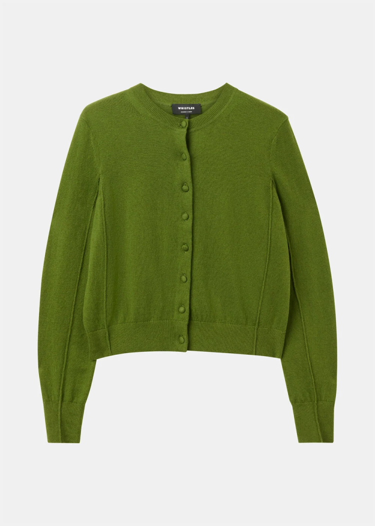 Green Fine Gauge Crew Neck Cardigan