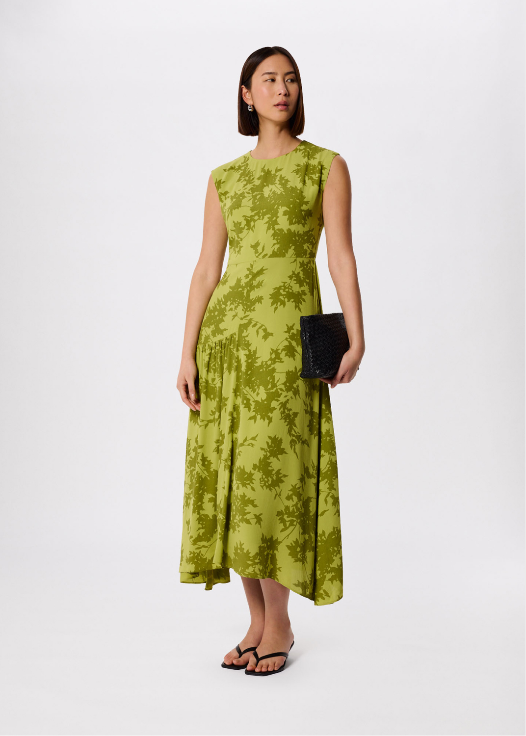 Green floral sleeveless asymmetric midi dress