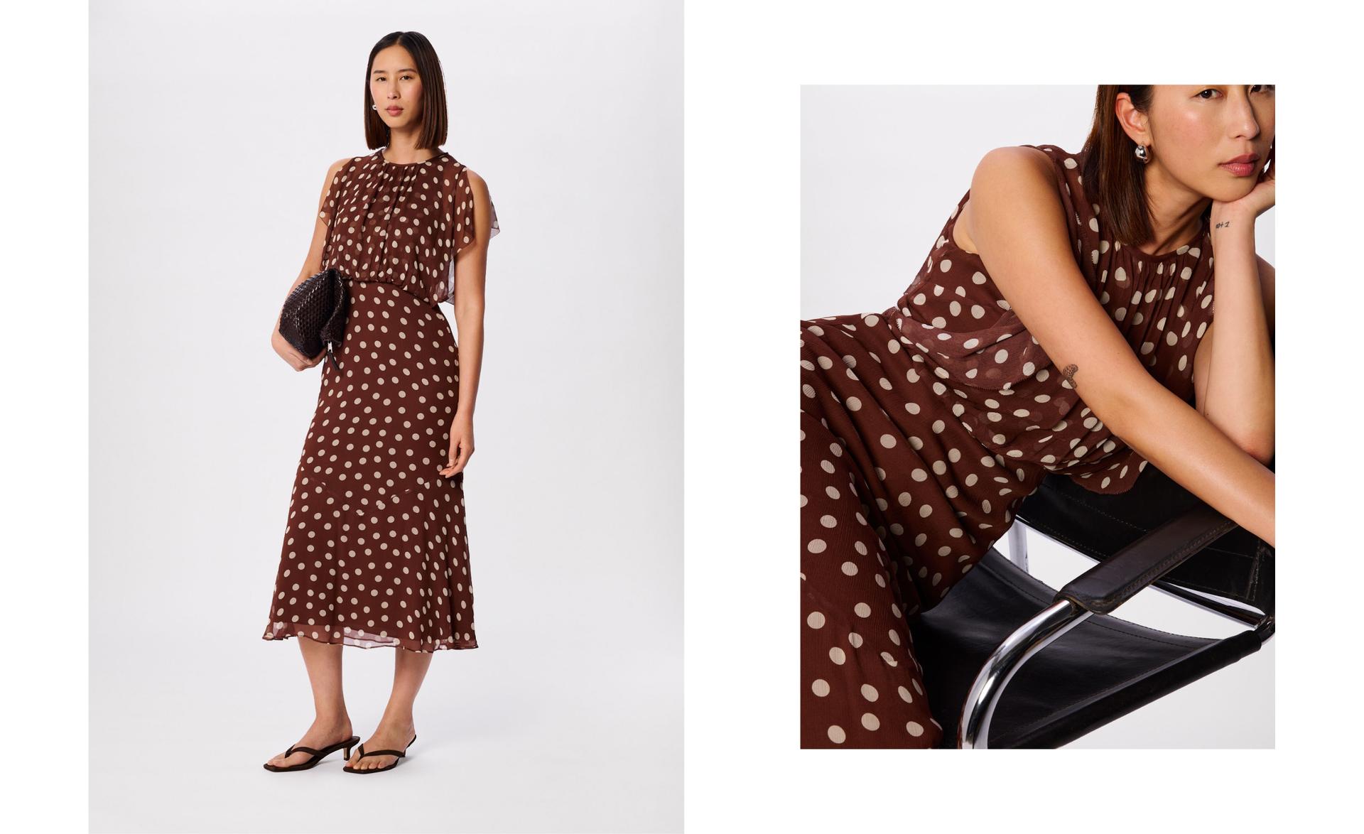 Brown Polka Dot Print Midi Dress