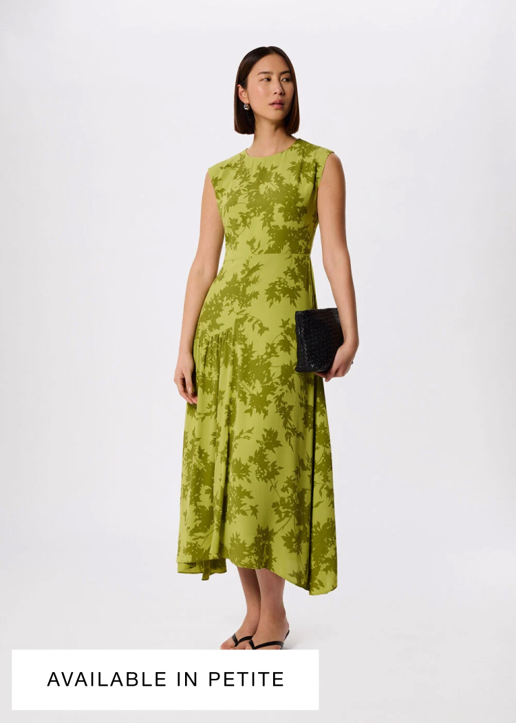 Green floral sleeveless asymmetric midi dress