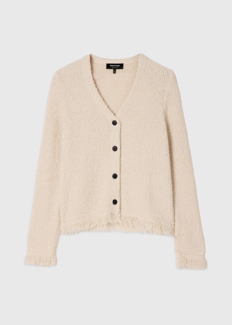 Ivory Cotton Boucle Fringe Cardigan