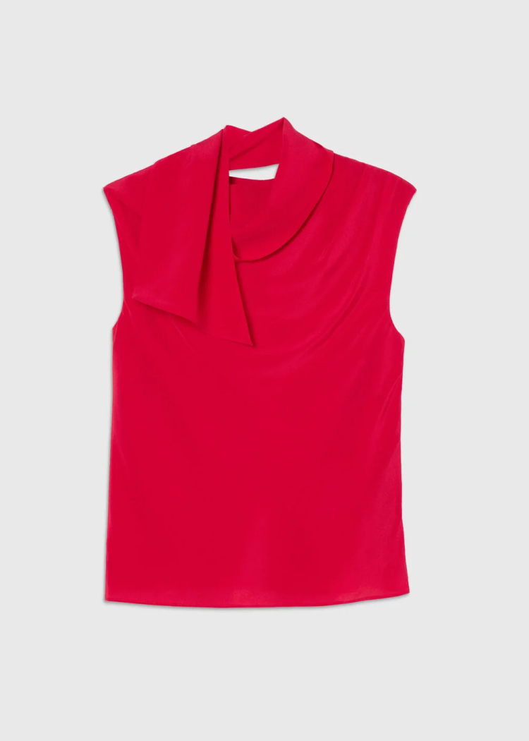 Red Cowl Neck Silk Drape Top