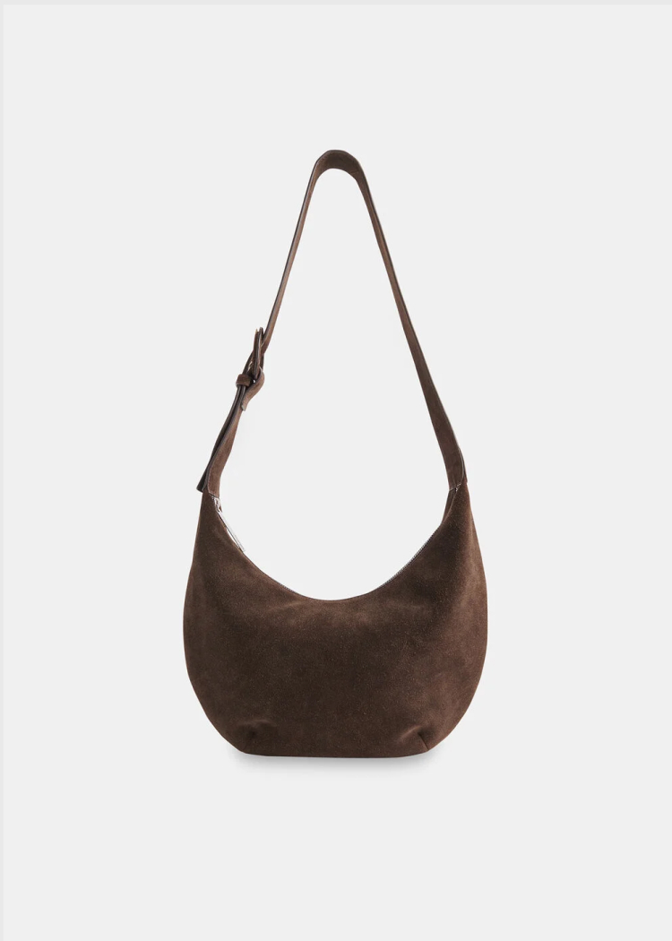 Chocolate Sia Suede Curved Crossbody Bag
