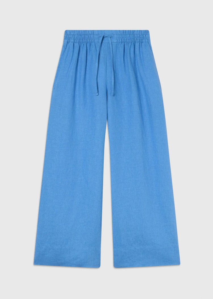 Blue Elasticated Linen Crop Trouser