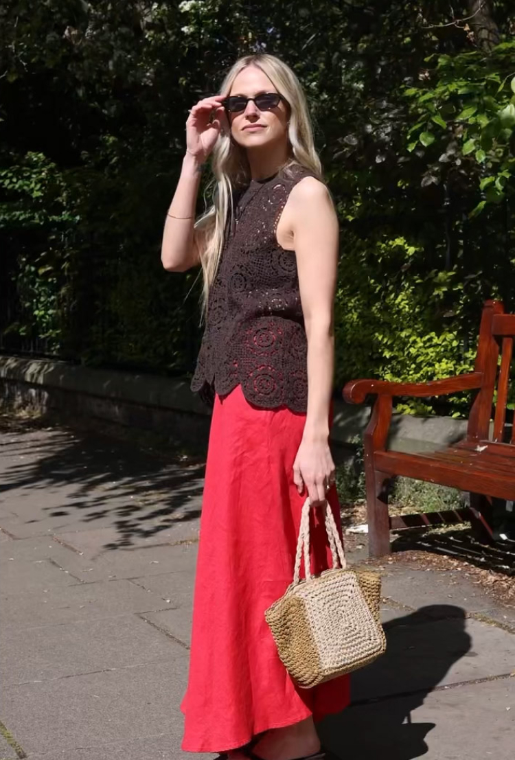 Red Linen Midi Skirt