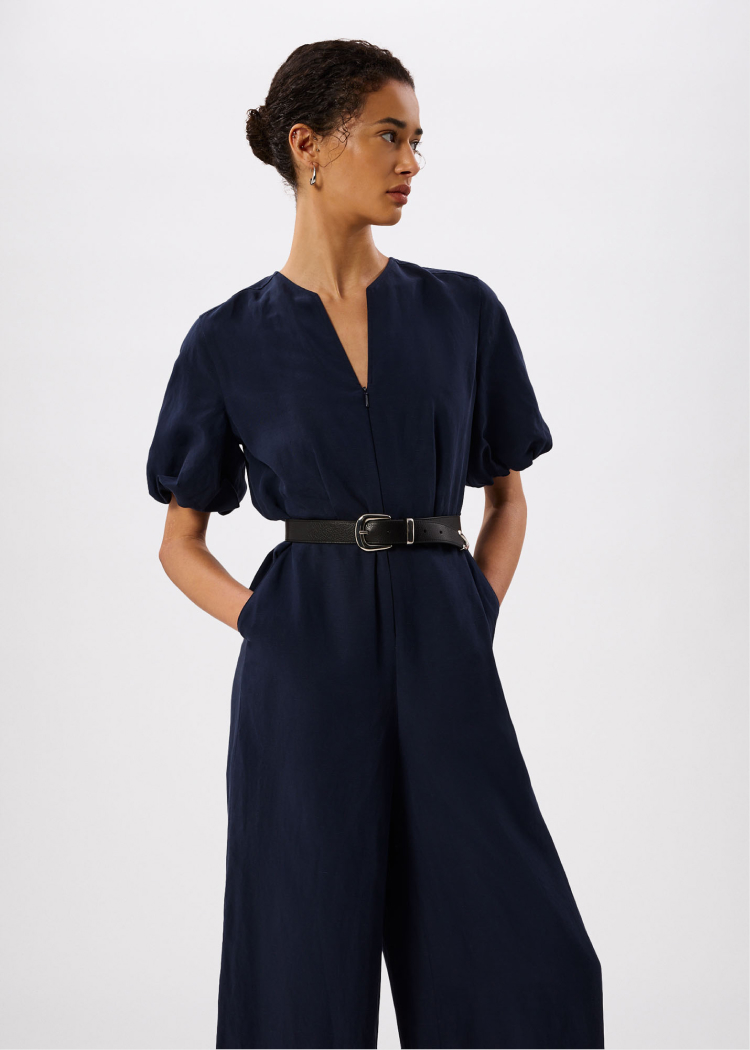 Navy Linen Blend Tie Waist Jumpsuit
