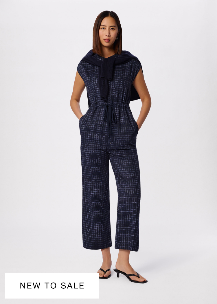 Blue Petite Grid Print Sleeveless Jumpsuit