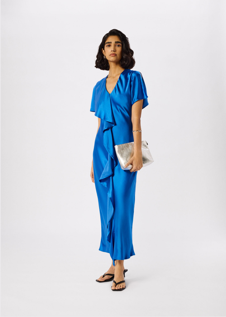 Blue V Neck Ruffle Satin Dress