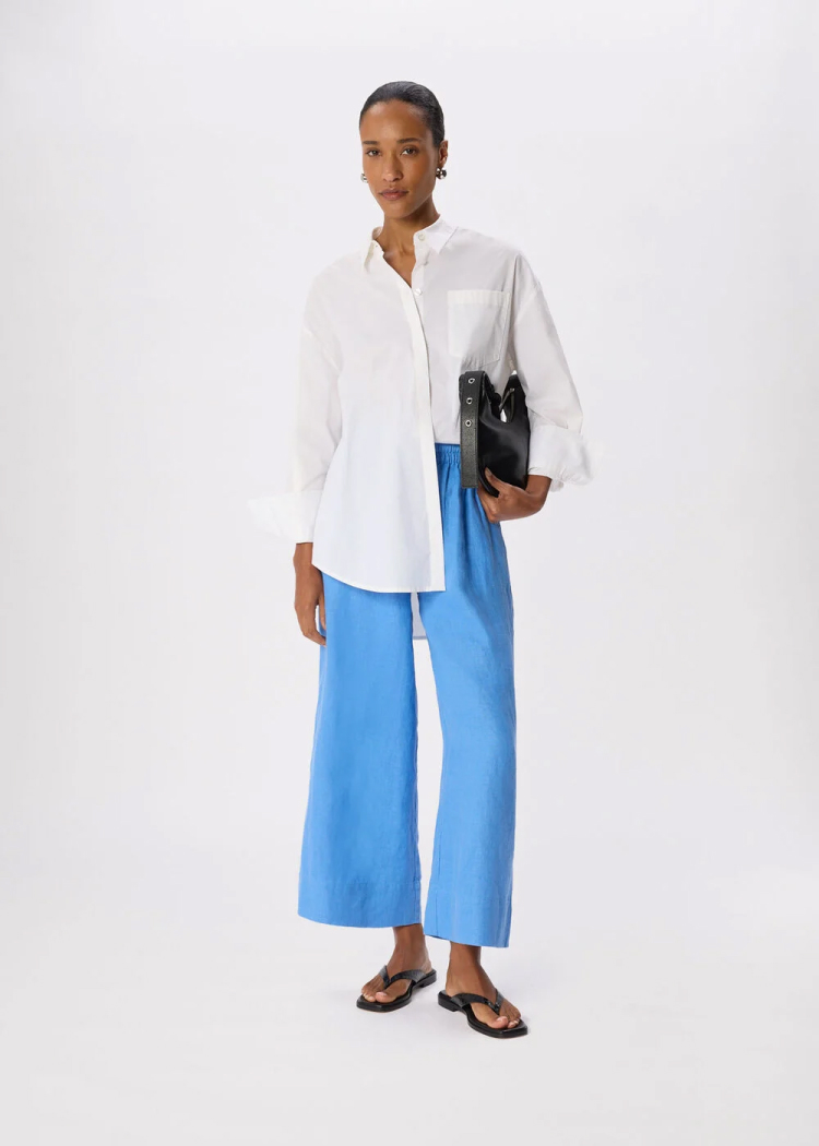 Blue Elasticated Linen Crop Trouser