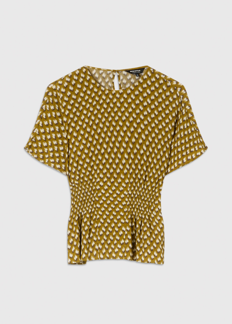 Khaki Ikat Spot Shirred Blouse