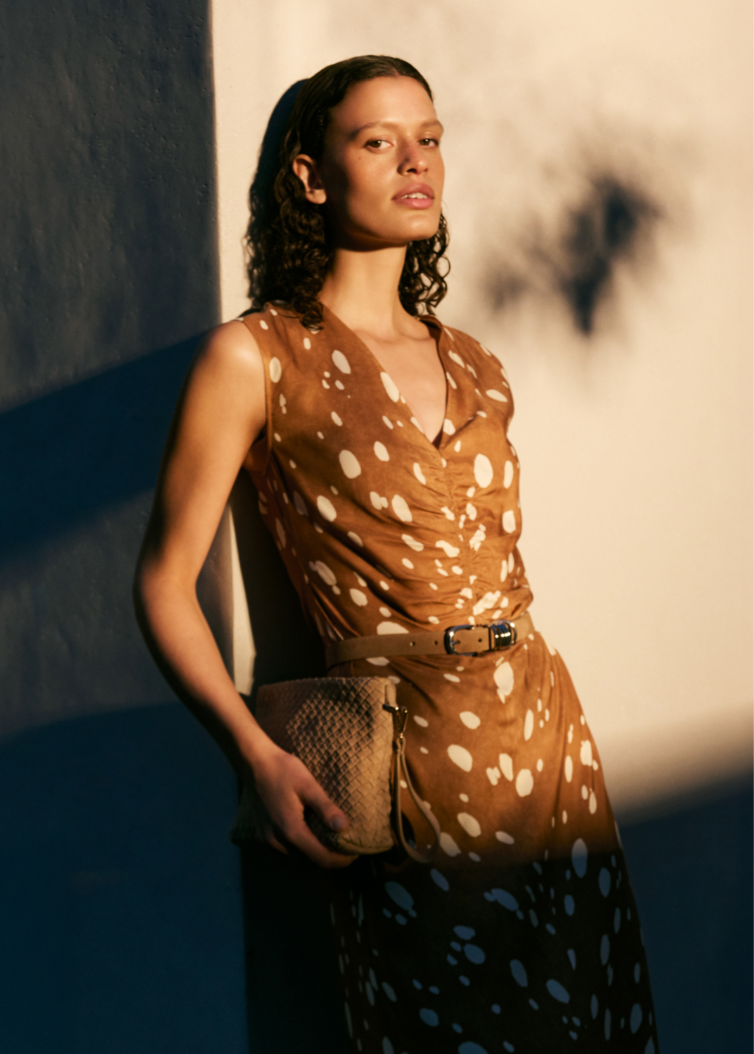 Brown Sleeveless Spot Viscose Midi Dress