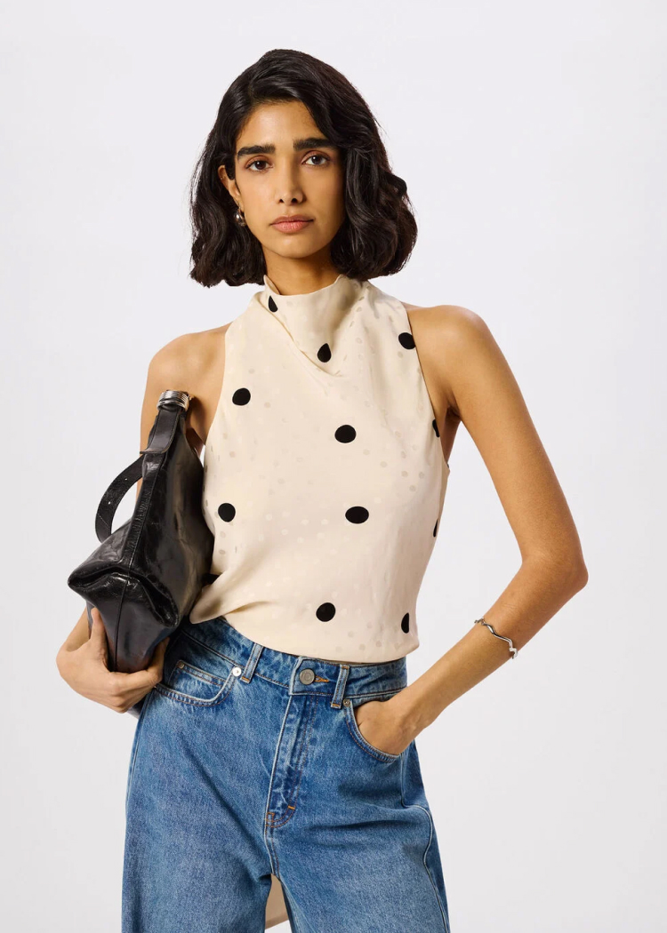 Cream Jacquard Spot Satin Halterneck