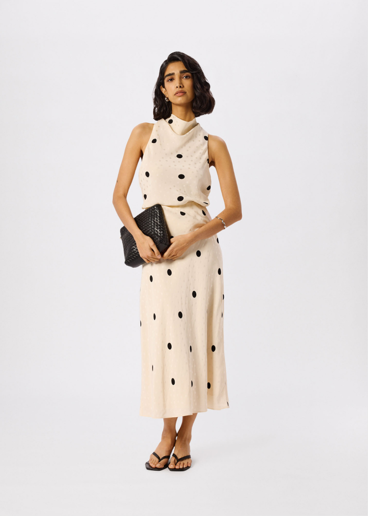 Cream Jacquard Spot Satin Midi Skirt