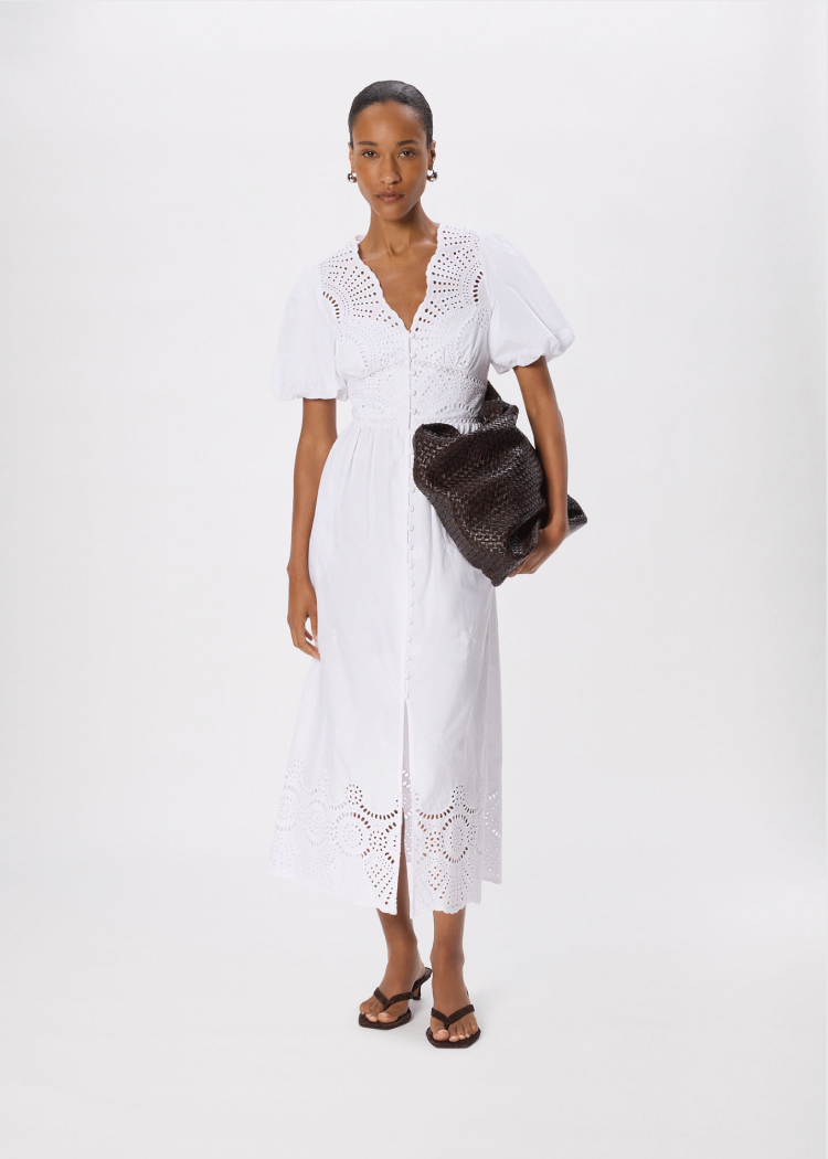 White Cotton Broderie V Neck Dress
