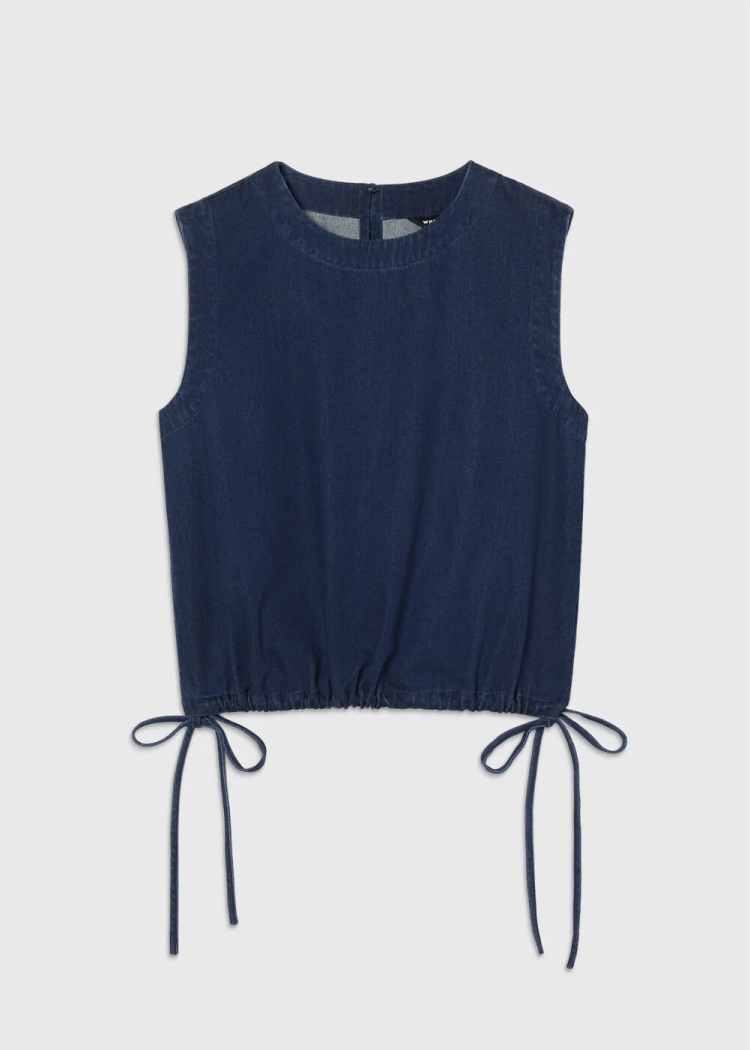 Dark Denim Drawstring Detail Cotton Top