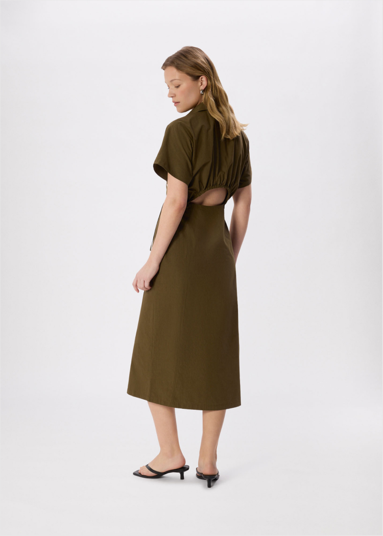 Khaki Cut Out Back Poplin Midi Dress