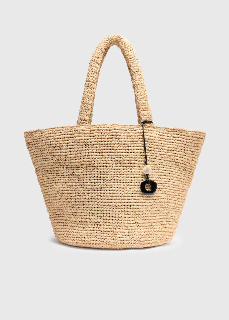 Neutral Straw Tote Bag With Charm