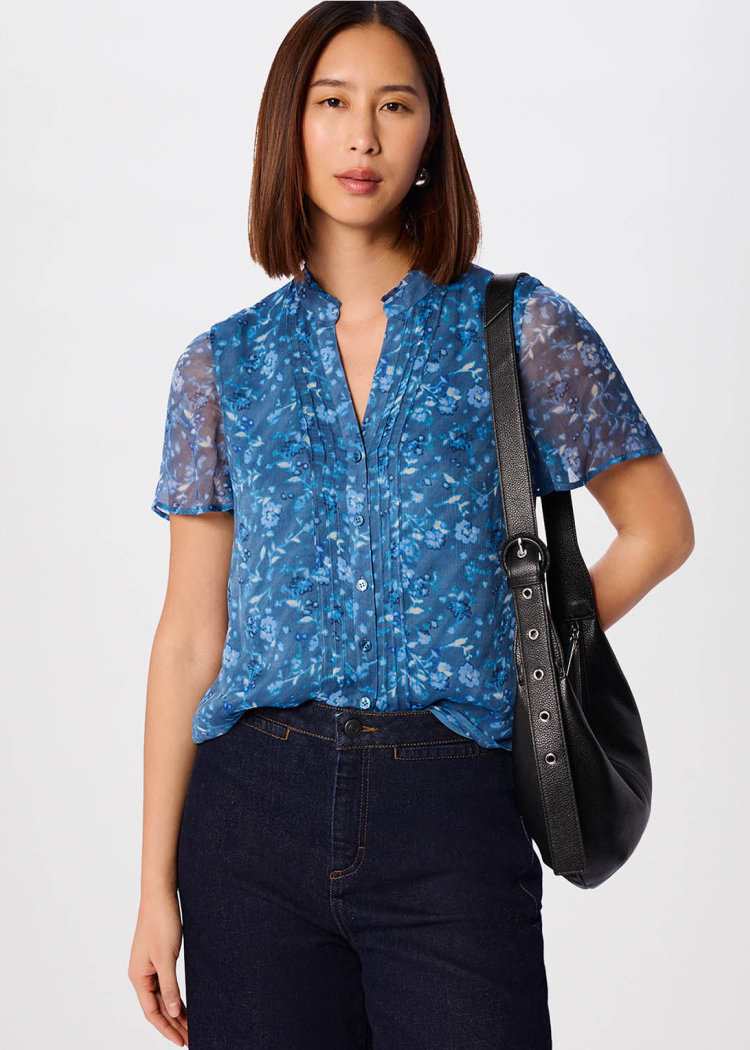 Teal Ditsy Floral V Neck Blouse