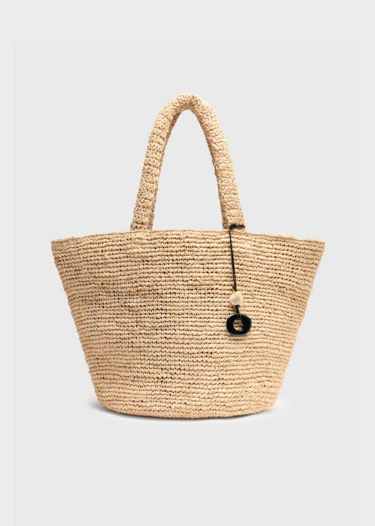 Neutral Straw Tote Bag With Charm