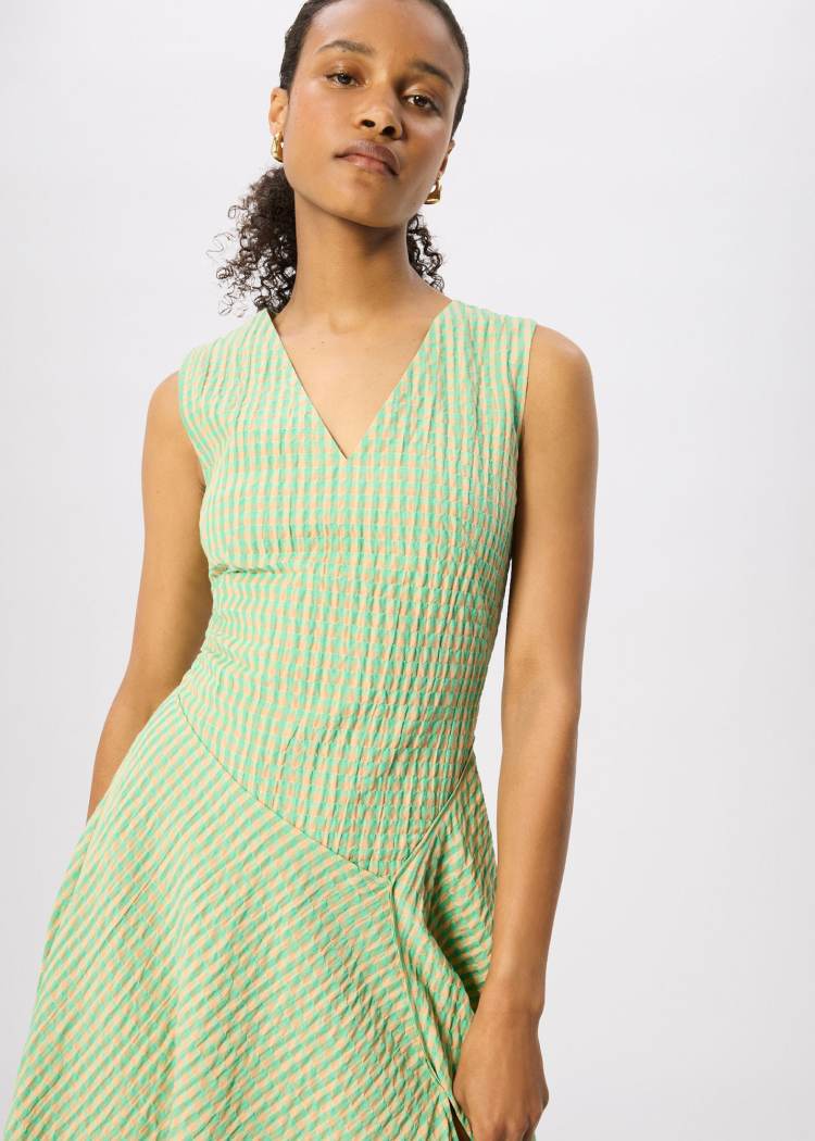 Green Check V Neck Asymmetric Dress