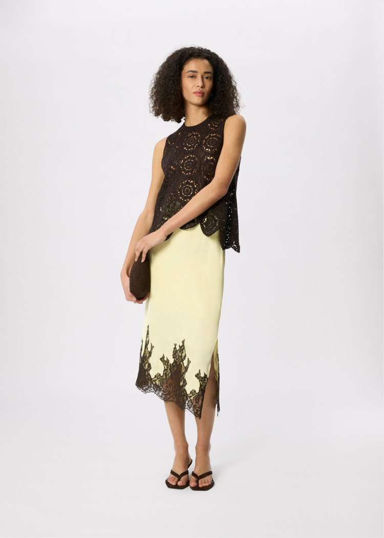 Yellow Lace Hem Satin Midi Skirt £119