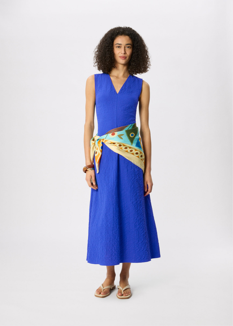 Blue V Neck Textured Dress