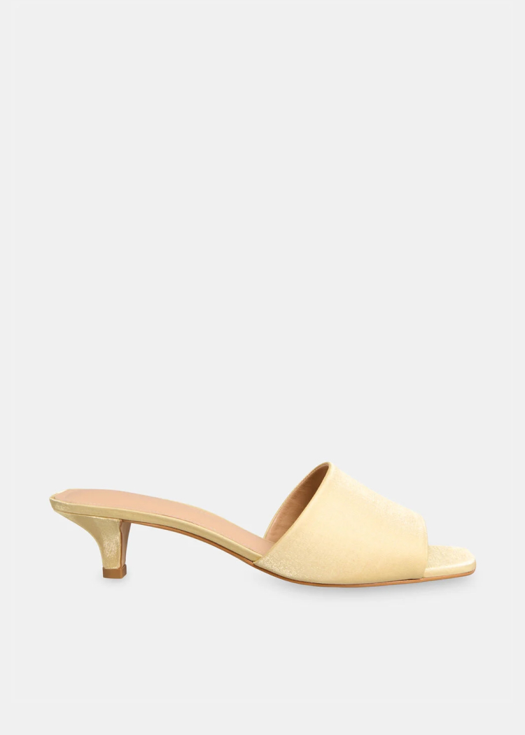 Pale Yellow Satin Slip On Heeled Mule