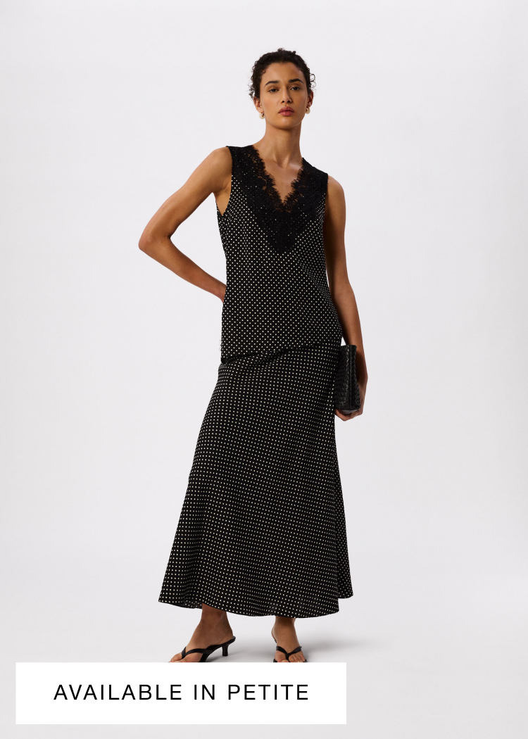 Black mini spot fit and flare midi skirt