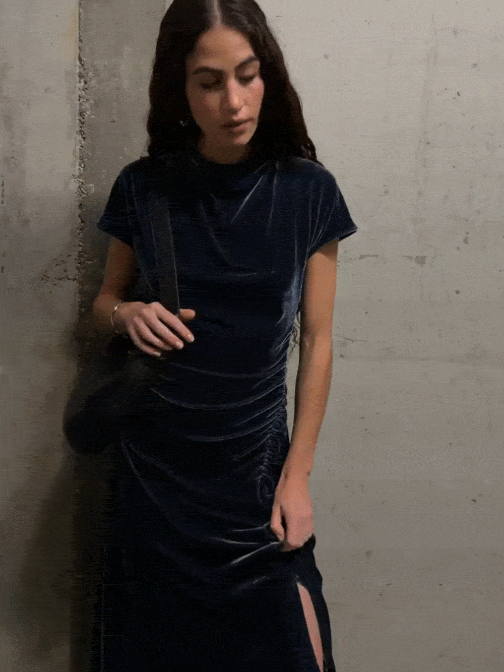 Navy Velvet Ruched Midi Dress