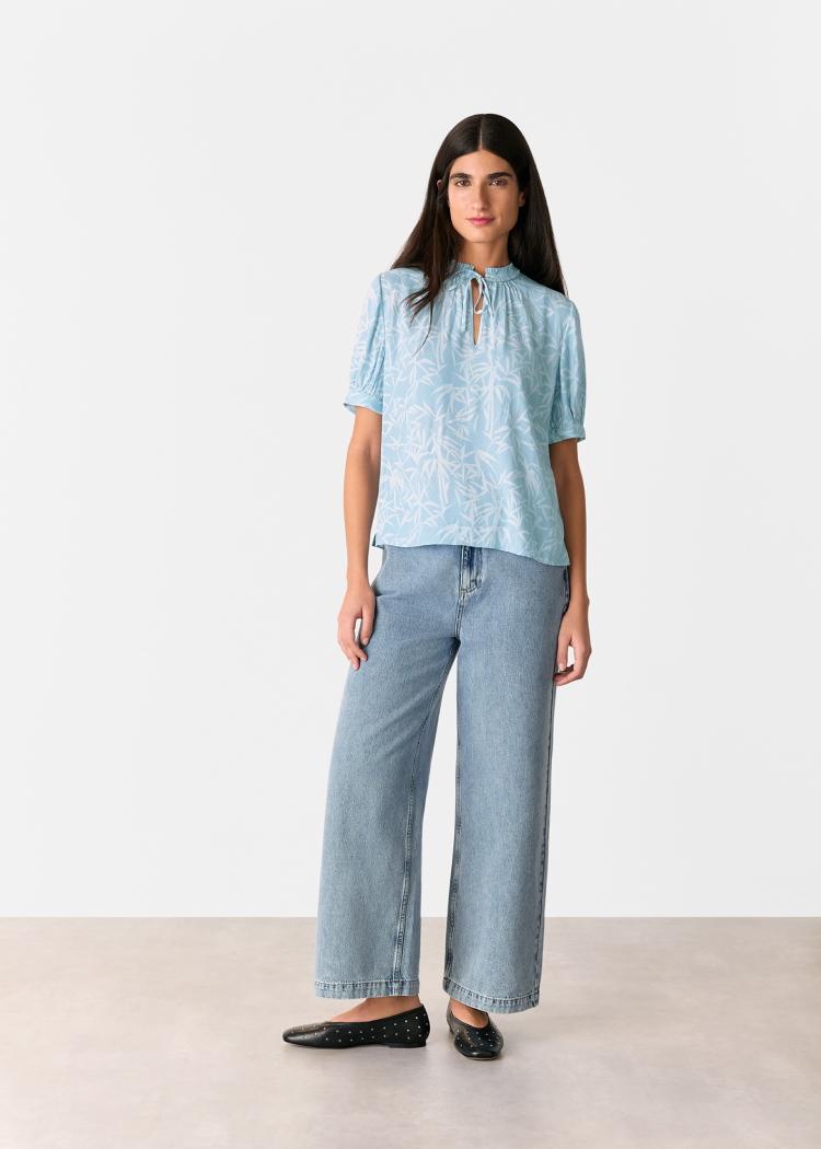 Blue Bamboo Leaves Tie Neck Blouse