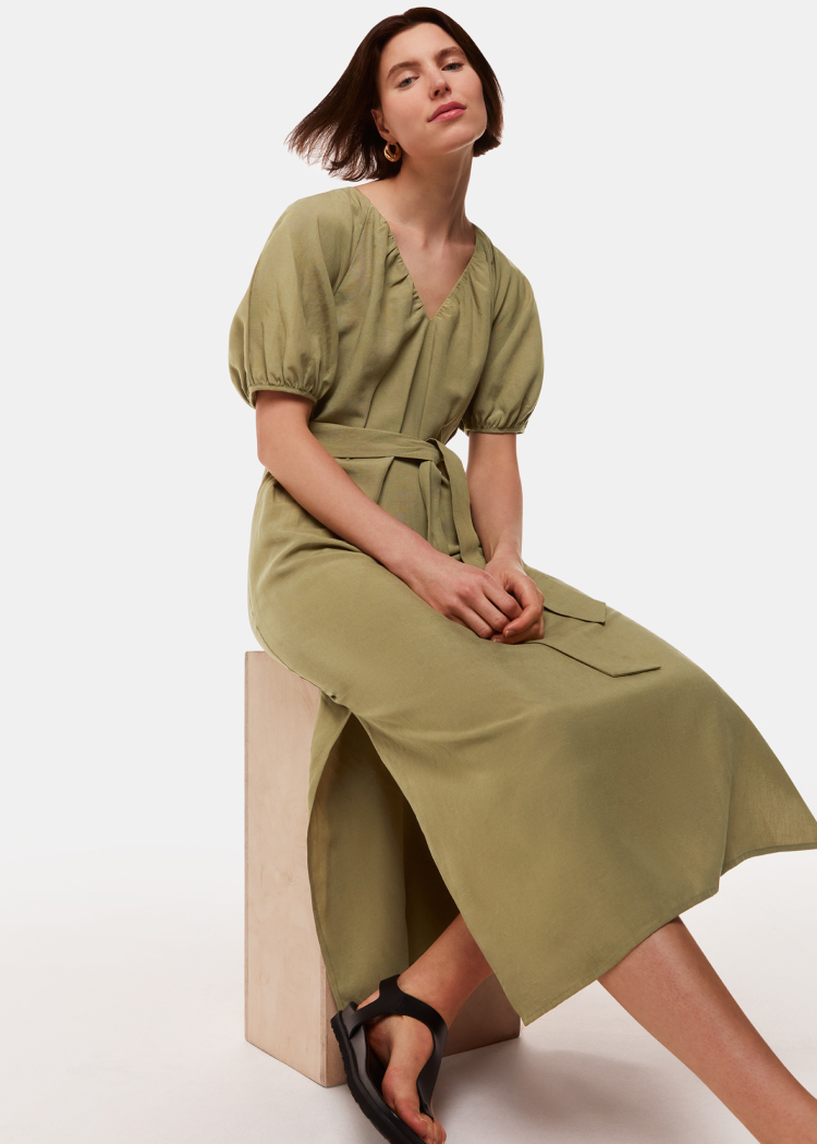 Khaki Ariella Linen Blend Midi Dress
