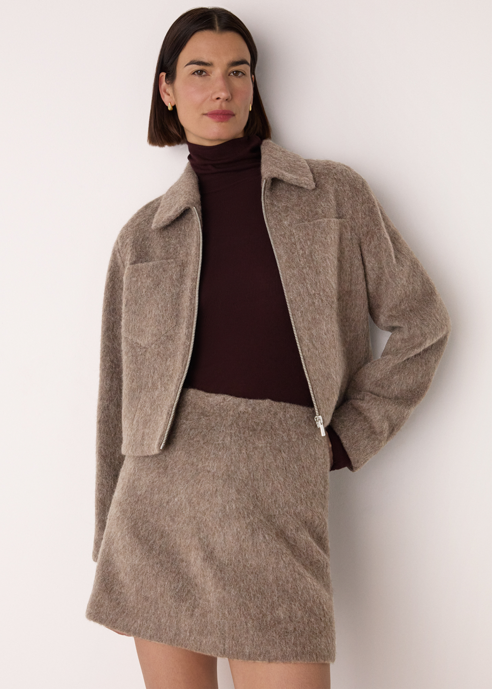 Taupe Zip Through Wool Blend Jacket