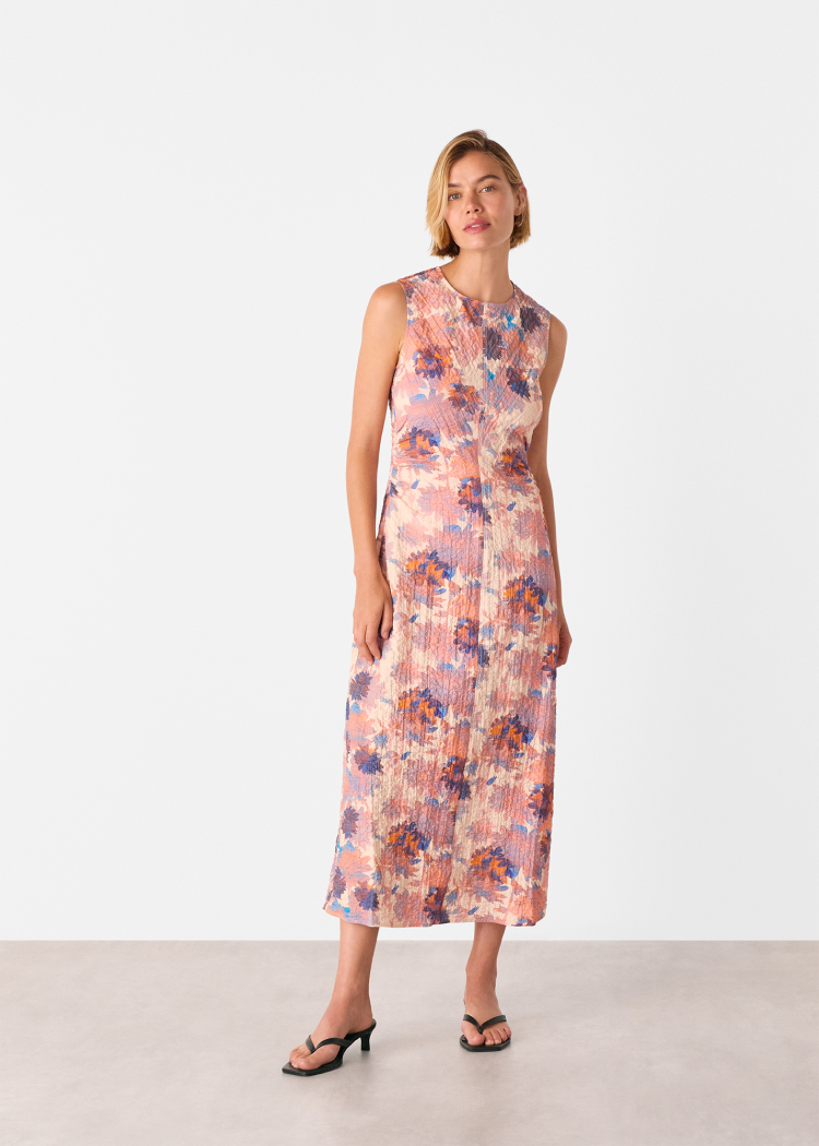Pink Floral Textured Midi Dress