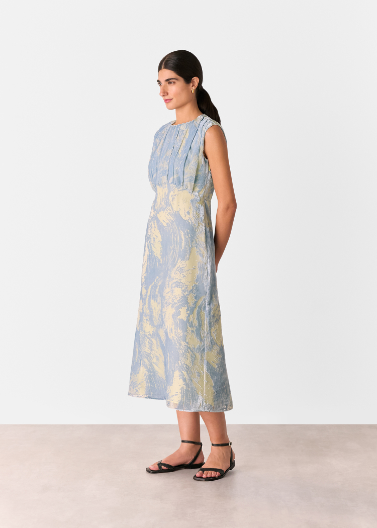 Blue Devore Swirl Velvet Midi Dress