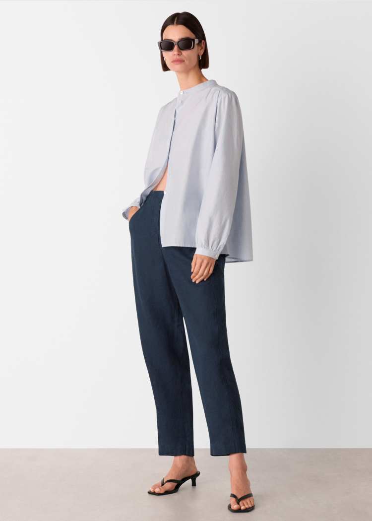 Navy Linen Barrel Leg Trouser