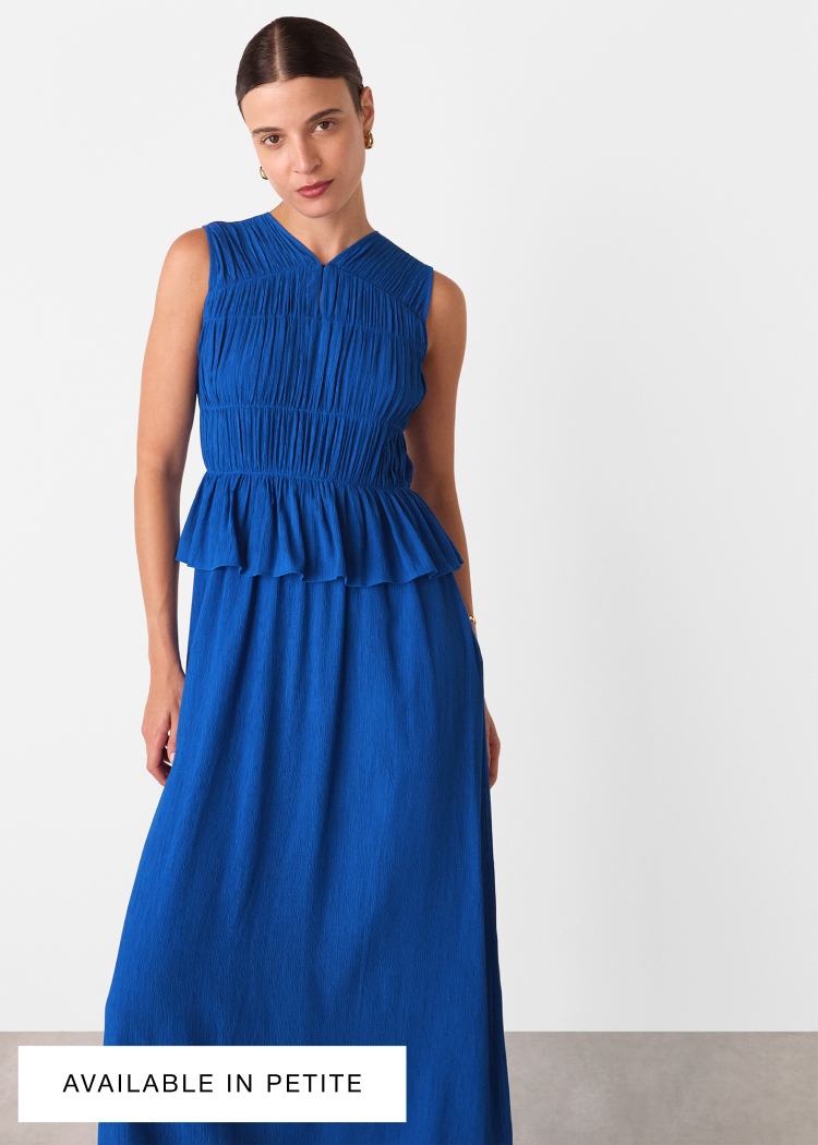 Cobalt Blue Shirred V Neck Midi Dress