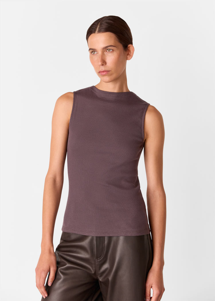 Brown High Neck Rib Detail Tee