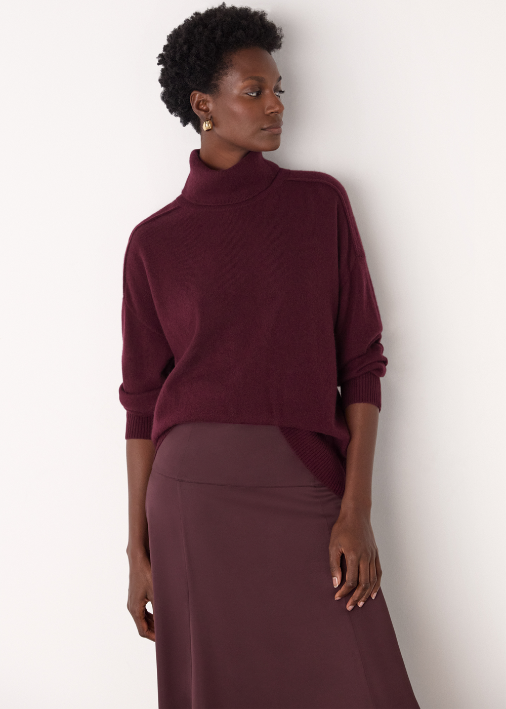 Burgundy Cashmere Seam Roll Neck Knit