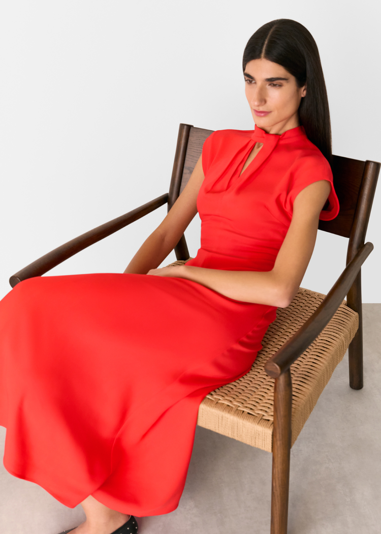 Red Twist Neck Crepe Midi Dress
