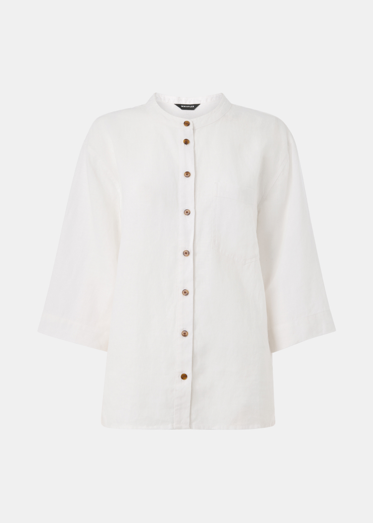 White Linen Grandad Collar Shirt