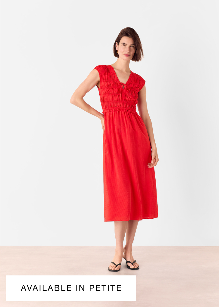 Red Shirred Bodice V Neck Dress